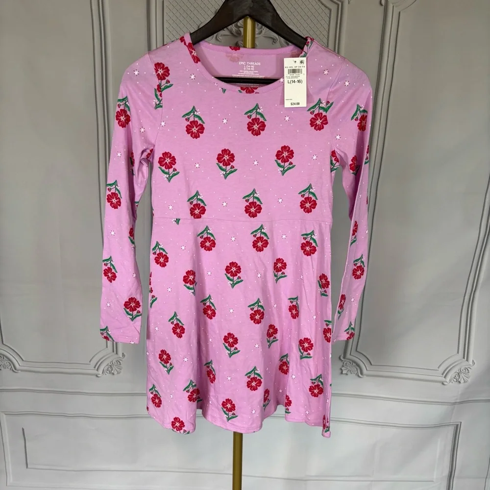 New Epic Threads Girls Dress XL 14 16 Pink Floral Long Sleeve Cotton Blend Play